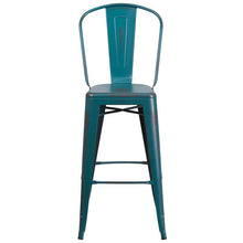 Load image into Gallery viewer, 30&#39;&#39; High Distressed Kelly Blue-Teal Metal Indoor-Outdoor Barstool with Back