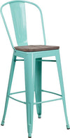30" High Mint Green Metal Barstool with Back and Wood Seat