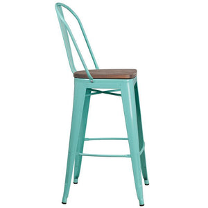 30" High Mint Green Metal Barstool with Back and Wood Seat