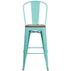 30" High Mint Green Metal Barstool with Back and Wood Seat