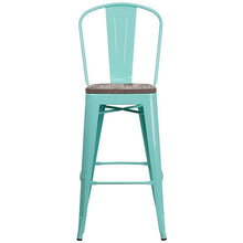 Load image into Gallery viewer, 30&quot; High Mint Green Metal Barstool with Back and Wood Seat