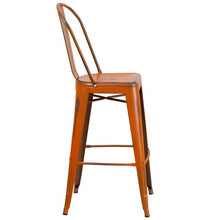 Load image into Gallery viewer, 30&#39;&#39; High Distressed Orange Metal Indoor-Outdoor Barstool with Back