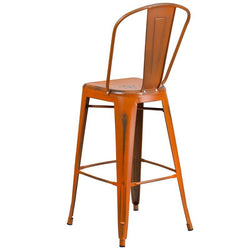 30'' distressed orange metal barstool with back