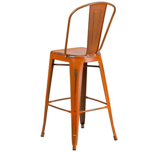 30'' High Distressed Orange Metal Indoor-Outdoor Barstool with Back