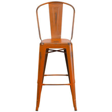 Load image into Gallery viewer, 30&#39;&#39; High Distressed Orange Metal Indoor-Outdoor Barstool with Back