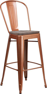 30" High Copper Metal Barstool with Back and Wood Seat