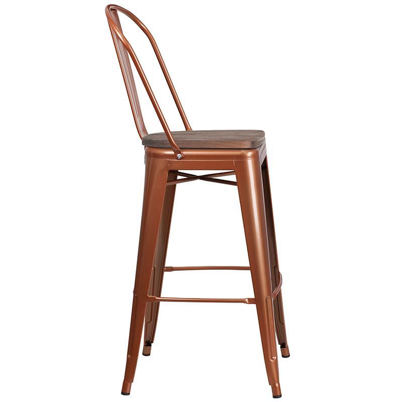 30" High Copper Metal Barstool with Back and Wood Seat - Side