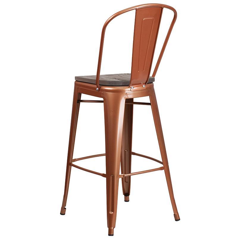 30" High Copper Metal Barstool with Back and Wood Seat - Back