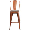 30" High Copper Metal Barstool with Back and Wood Seat Front