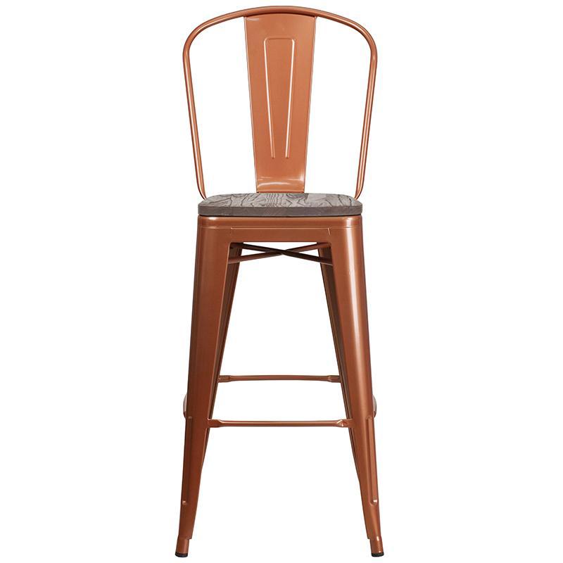 30" High Copper Metal Barstool with Back and Wood Seat Front