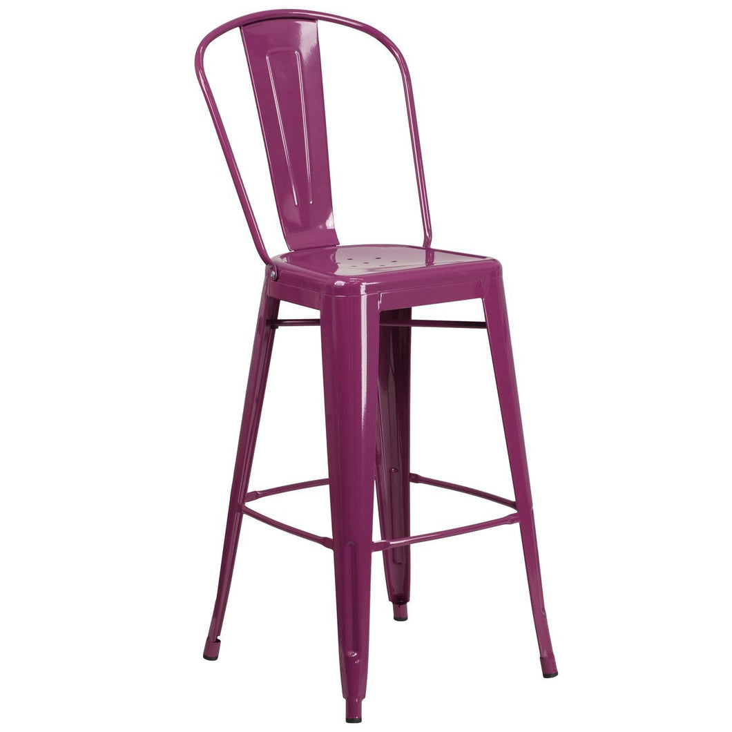 30'' High Purple Metal Indoor-Outdoor Barstool with Back