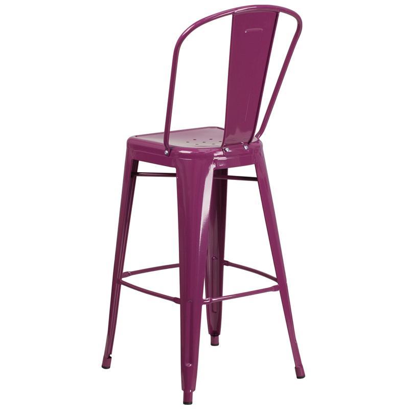 30'' High Purple Metal Indoor-Outdoor Barstool with Back
