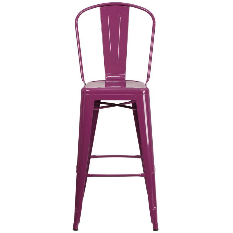30'' High Purple Metal Indoor-Outdoor Barstool with Back