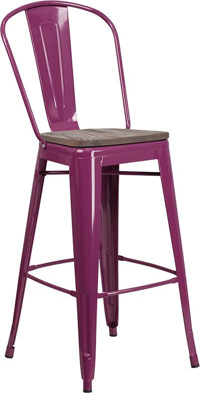 30" High Purple Metal Barstool with Back and Wood Seat