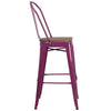 Purple Metal Barstool with Back and Wood Seat