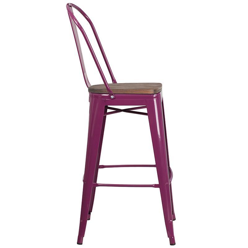 Purple Metal Barstool with Back and Wood Seat