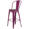30" High Purple Metal stool with Back and Wood Seat