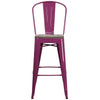 Purple Metal Bar Stool with Back and Wood Seat