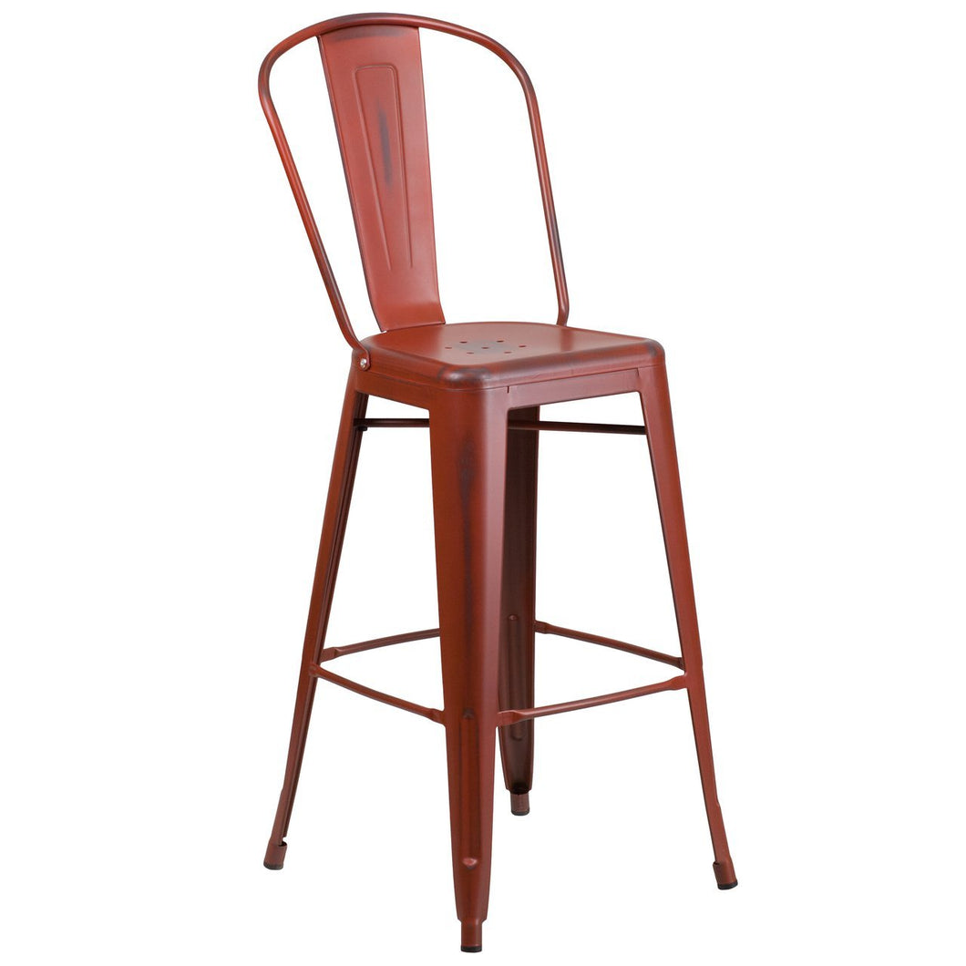 30'' High Distressed Kelly Red Metal Indoor-Outdoor Barstool with Back