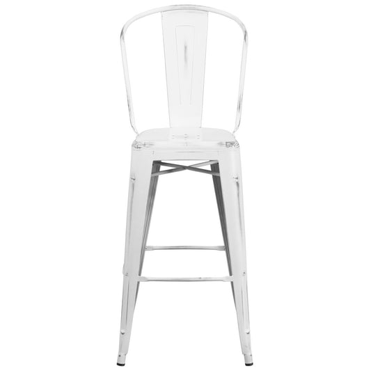 30'' High Distressed White Metal Indoor-Outdoor Barstool with Back
