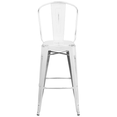 30'' High Distressed White Metal Indoor-Outdoor Barstool with Back