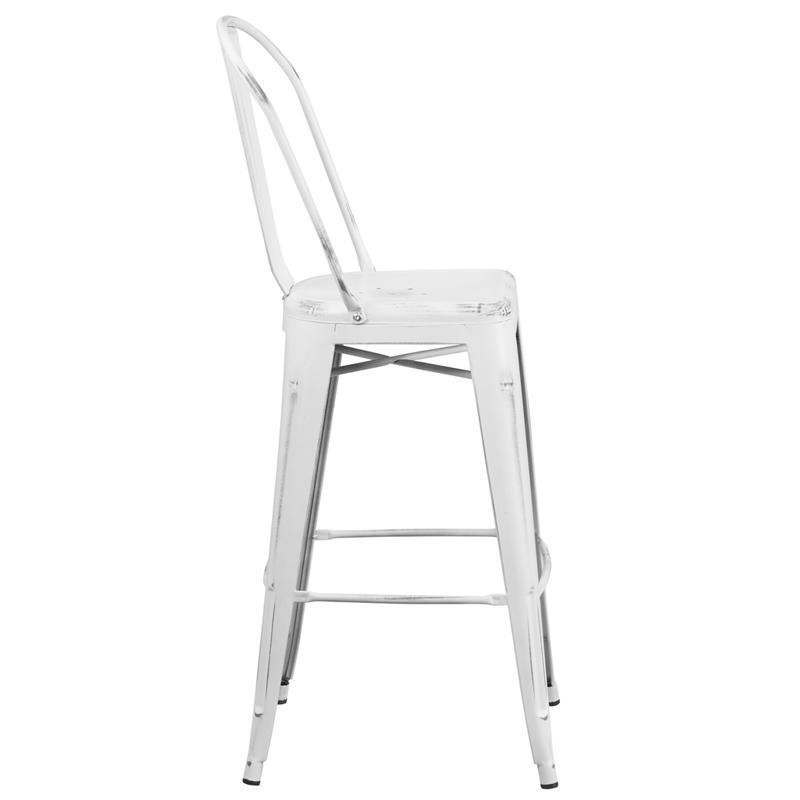 Distressed White Metal Indoor-Outdoor Barstool with Back