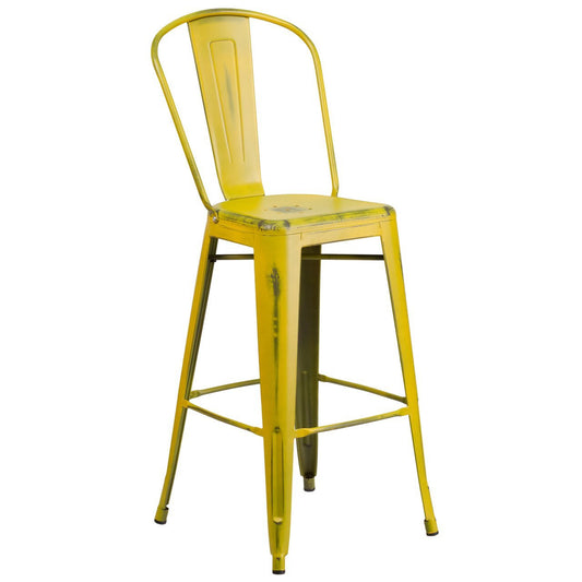 30'' High Distressed Yellow Metal Indoor-Outdoor Barstool with Back