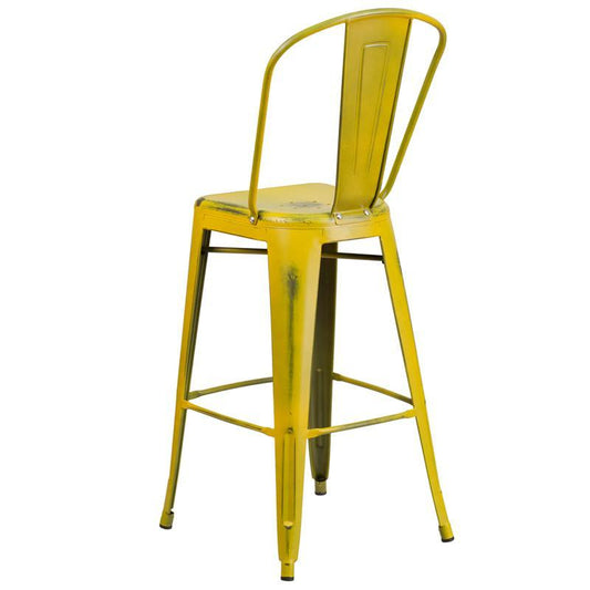 30'' High Distressed Yellow Metal Indoor-Outdoor Barstool with Back