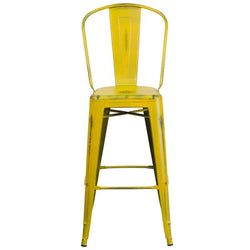 30'' Distressed Yellow Metal Barstool with Back
