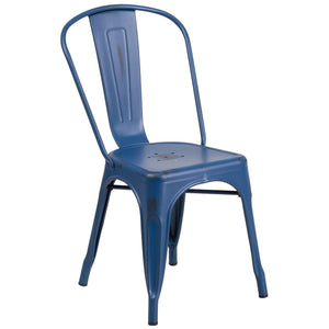 Distressed Antique Blue Metal Indoor-Outdoor Stackable Chair