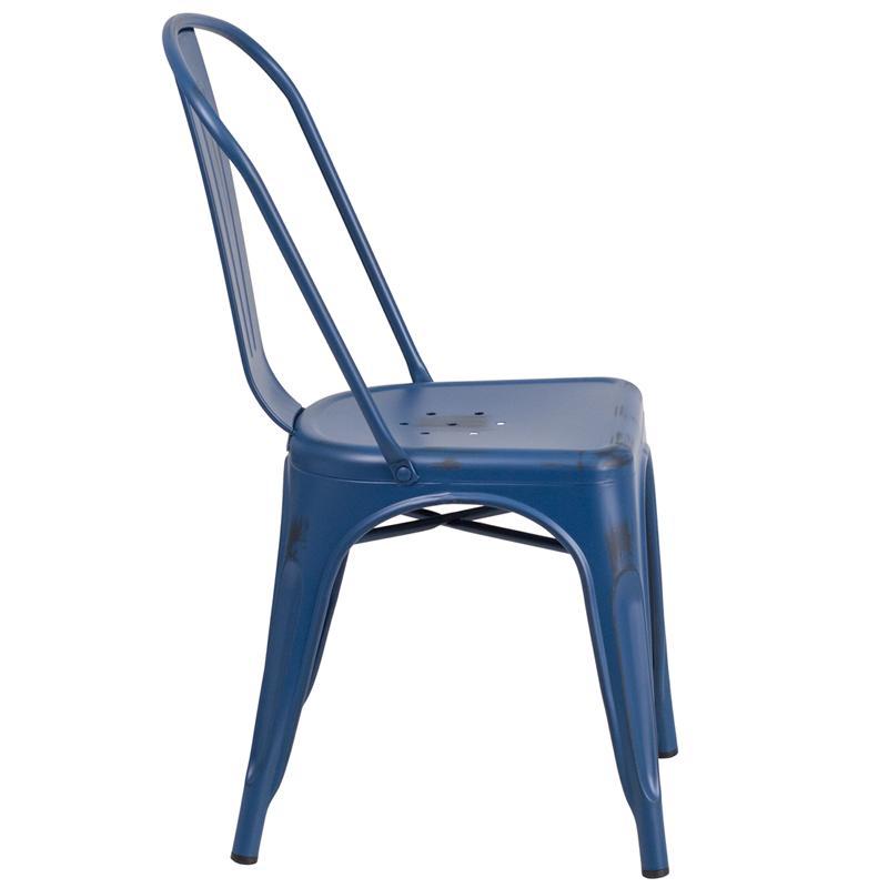 Distressed Antique Blue Metal Indoor-Outdoor Stackable Chair 2