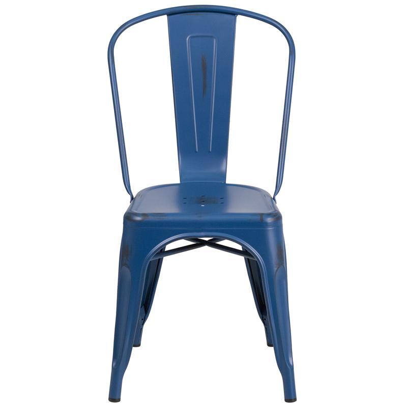 Distressed Antique Blue Metal Indoor-Outdoor Stackable Chair front look