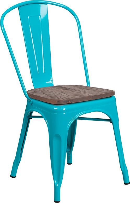 Crystal Teal-Blue Metal Stackable Chair with Wood Seat