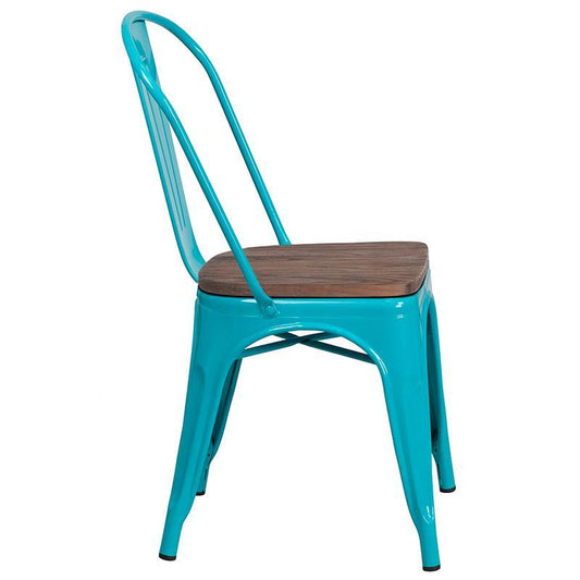 Crystal Teal-Blue Metal Stackable Chair with Wood Seat