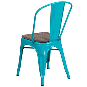 Crystal Teal-Blue Metal Stackable Chair with Wood Seat