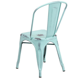 Distressed Green-Blue Metal Indoor-Outdoor Stackable Chair