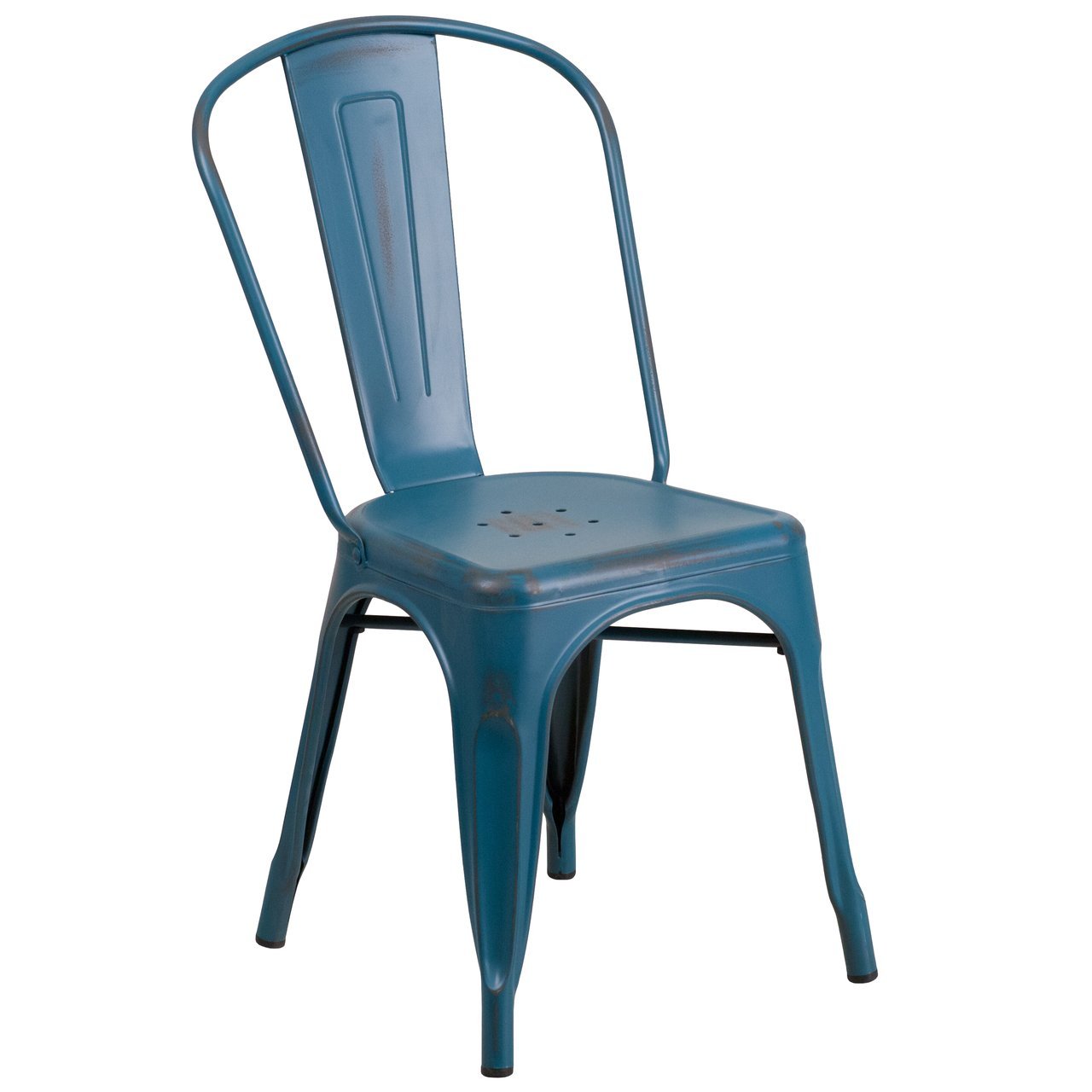 Distressed Kelly Blue-Teal Metal Indoor-Outdoor Stackable Chair