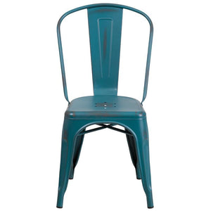 Distressed Kelly Blue-Teal Metal Indoor-Outdoor Stackable Chair
