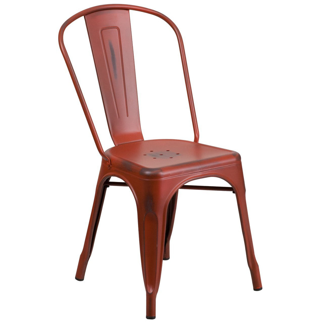 Distressed Kelly Red Metal Indoor-Outdoor Stackable Chair