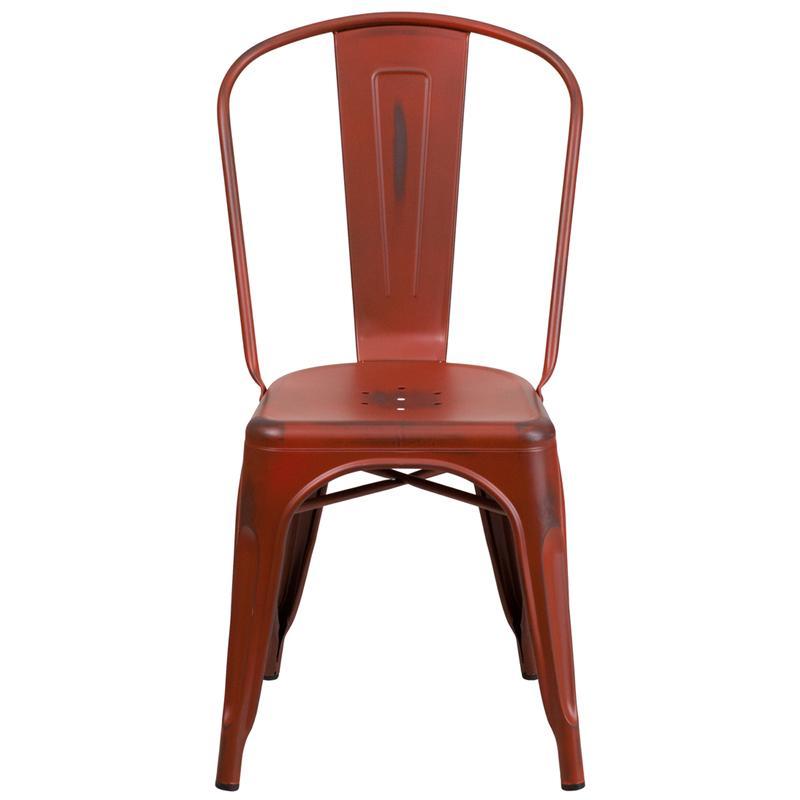 Distressed Kelly Red Metal Indoor-Outdoor Stackable Chair