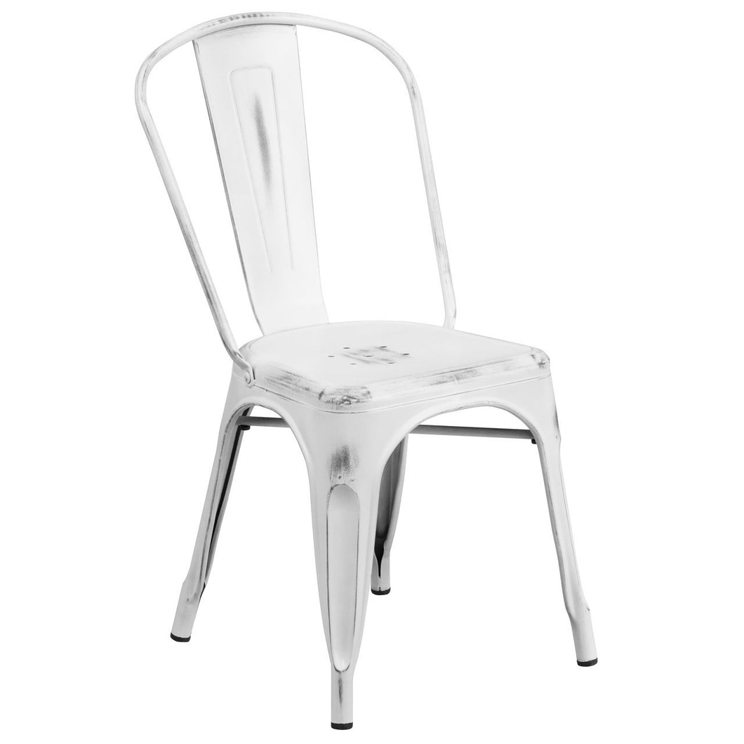 Distressed White Metal Indoor-Outdoor Stackable Chair