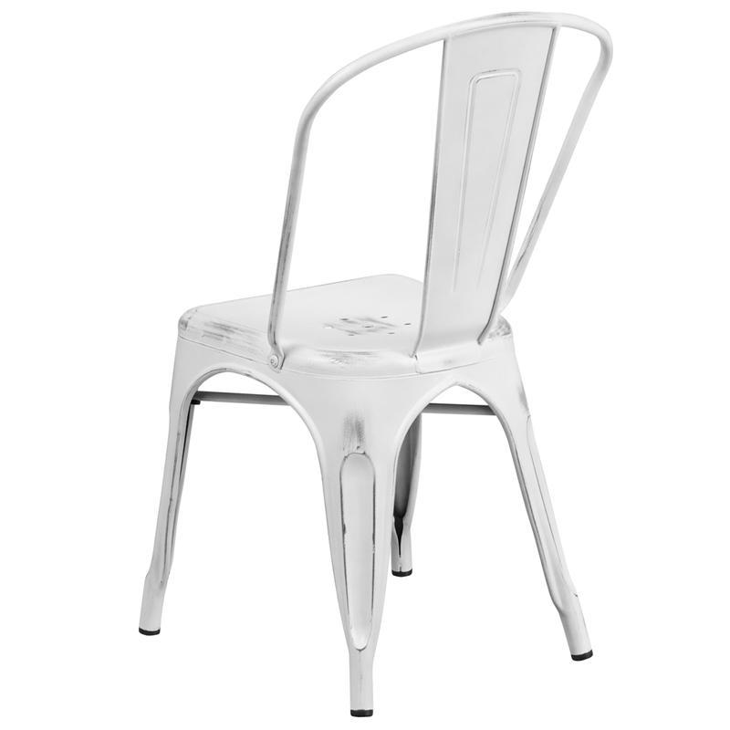 Distressed White Metal Indoor-Outdoor Stackable Chair side look