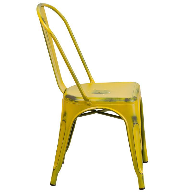 Distressed Yellow Metal Indoor-Outdoor Stackable Chair