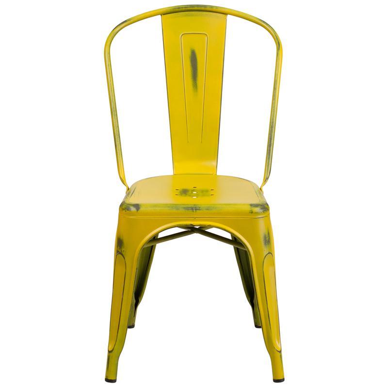 Distressed Yellow Metal Indoor-Outdoor Stackable Chair
