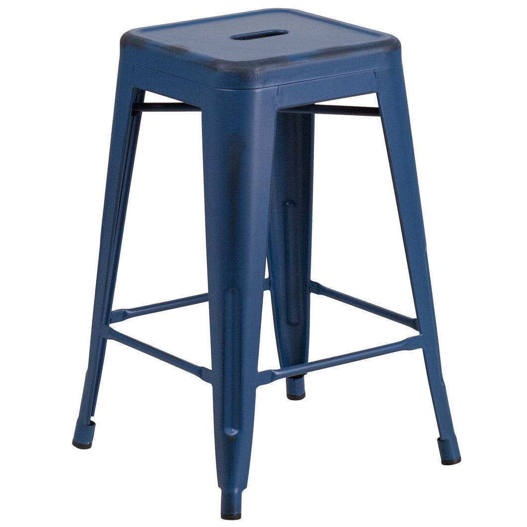 24'' High Backless Distressed Antique Blue Metal Indoor-Outdoor Counter Height Stool