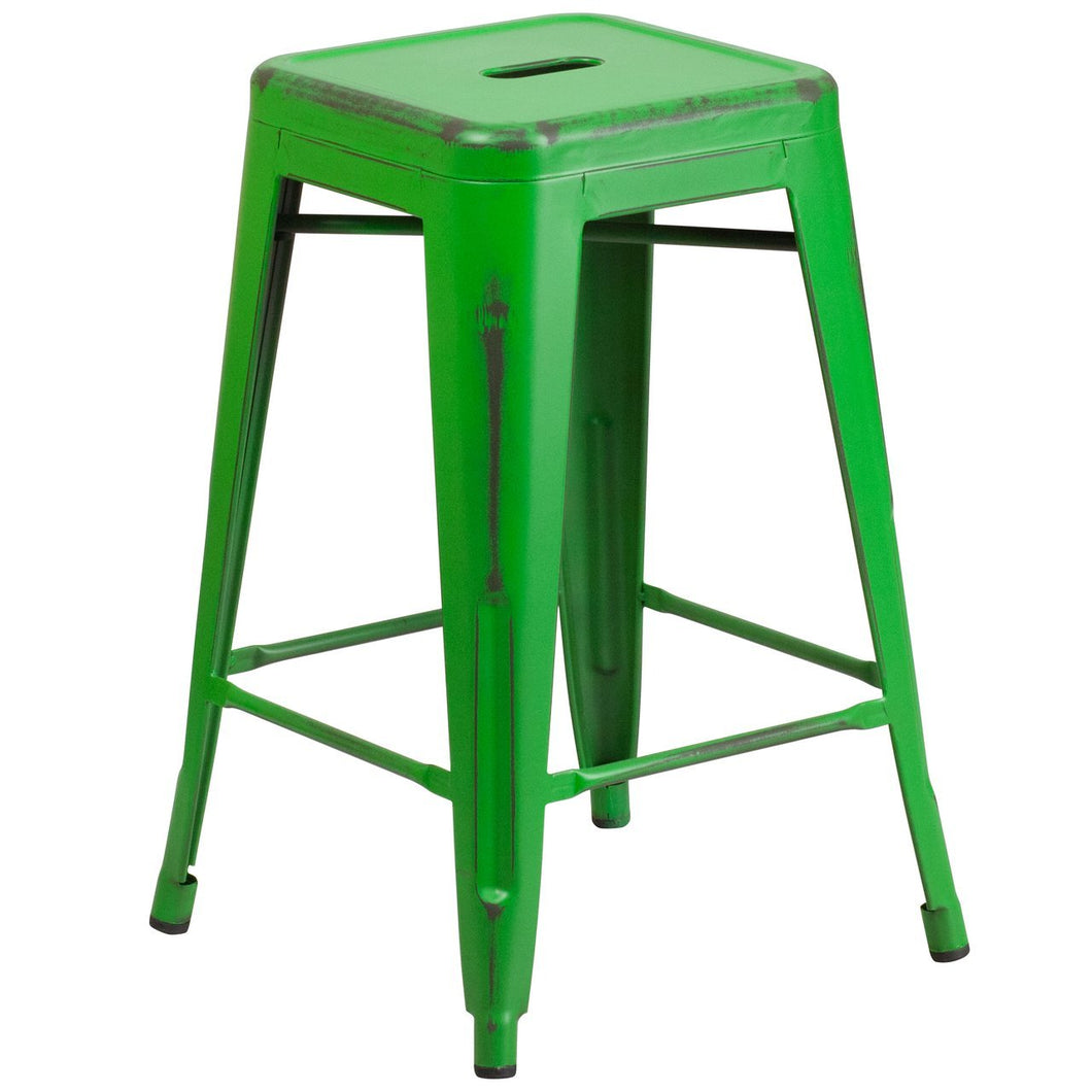 24'' High Backless Distressed Green Metal Indoor-Outdoor Counter Height Stool