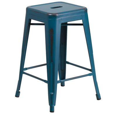 24'' High Backless Distressed Kelly Blue-Teal Metal Indoor-Outdoor Counter Height Stool