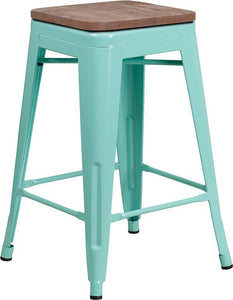 24" High Backless Mint Green Counter Height Stool with Square Wood Seat