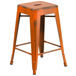 24'' High Backless Distressed Orange Metal Indoor-Outdoor Counter Height Stool