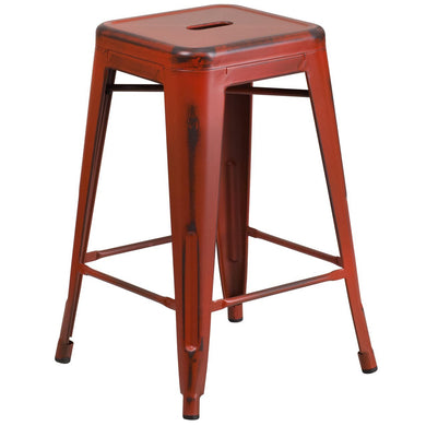 24'' High Backless Distressed Kelly Red Metal Indoor-Outdoor Counter Height Stool
